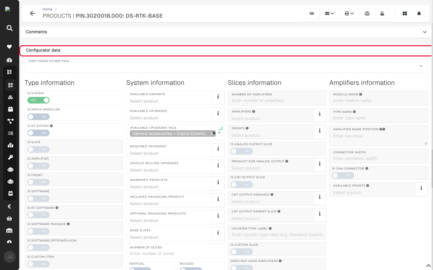 The Configurator data section of a system product