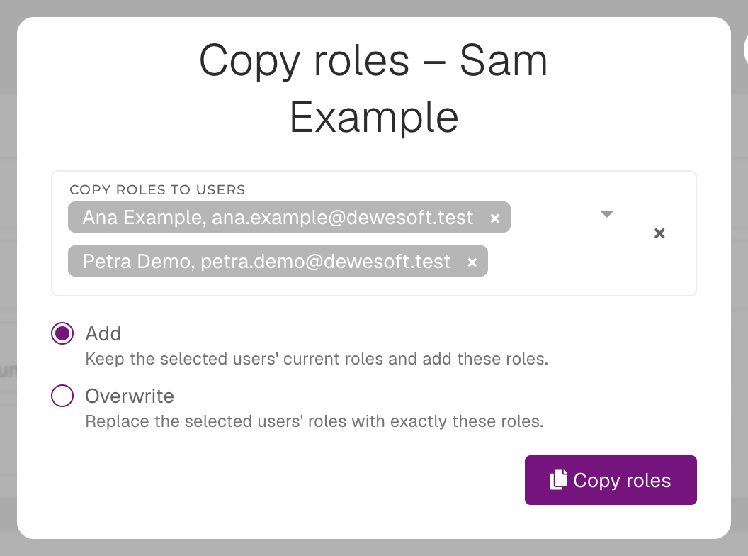 Users selected, with the Add option chosen